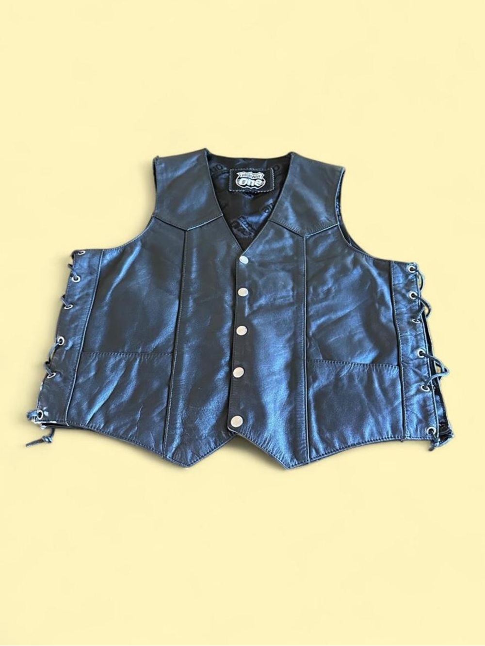 Vintage Highway One Black Leather Motorcycle Biker Vest Men’s Size L